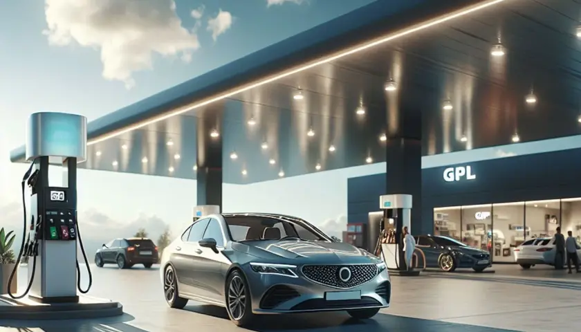 Auto moderna in attesa di rifornimento benzina GPL. Stazione di servizio moderna con illuminazione soffusa.