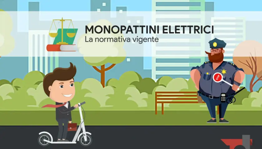 Un uomo in monopattino elettrico incontra un poliziotto. La grafica illustra le regole monopattino elettrico e la normativa vigente.