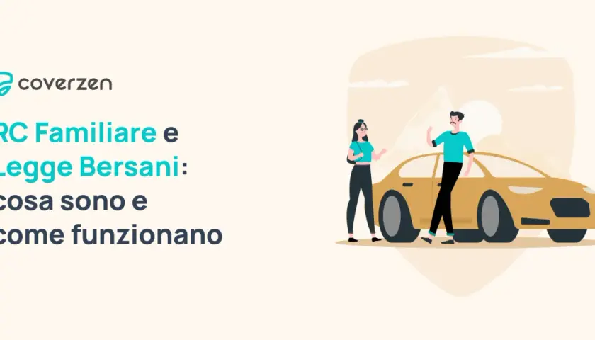 Coppia vicino a un'auto gialla, con testo che spiega RC Familiare e la legge Bersani, ancora in vigore, e come funziona.