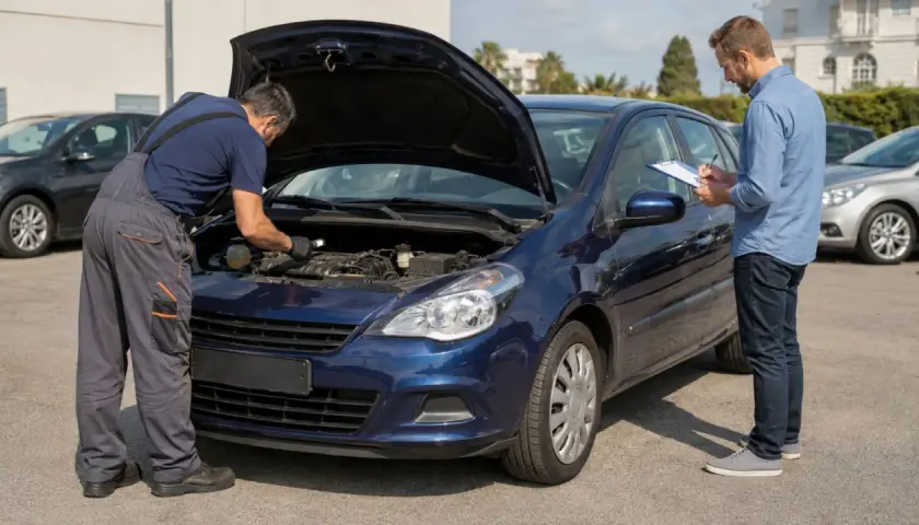 Meccanico controlla il motore di un'auto blu con cofano aperto. Cliente annota su un blocco note, forse per i gravami auto.