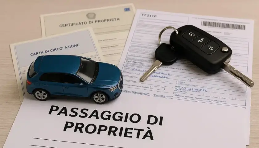 Documenti auto: certificato di proprietà, carta di circolazione, passaggio di proprietà e chiavi.