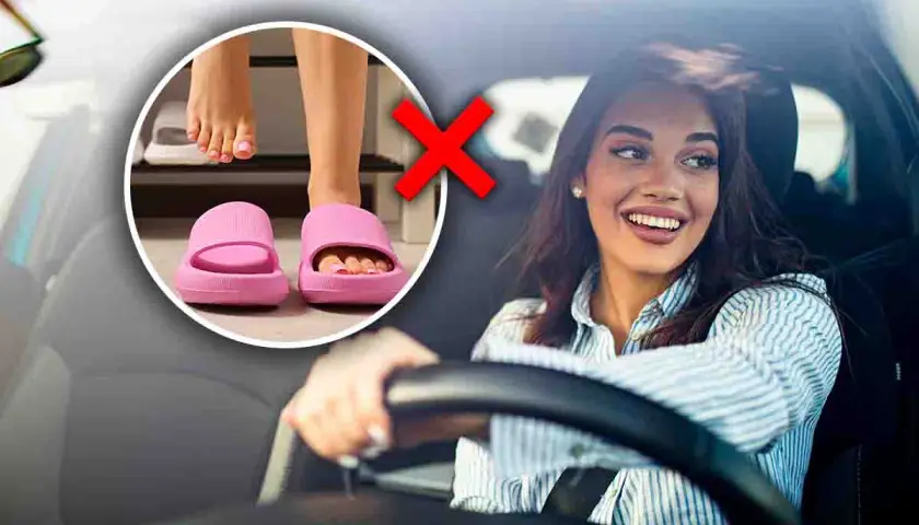 Attenzione a guidare in ciabatte! Un cerchio mostra piedi con ciabatte rosa, barrato da una croce rossa. A destra, una donna sorride al volante.