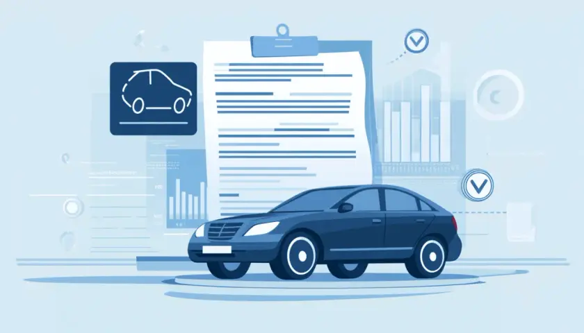Un'auto blu davanti a un documento con grafici e un'icona di un'auto. Qui trovo l'attestato di rischio.