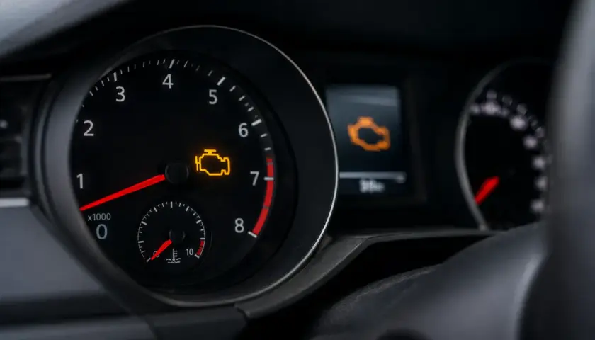 Cruscotto auto con spia motore accesa. Il simbolo giallo indica un problema da controllare.