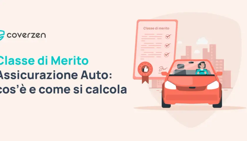 Illustrazione di un'auto rossa con un conducente, accanto a un documento "Classe di merito" che indica la classe di rischio assicurazione.