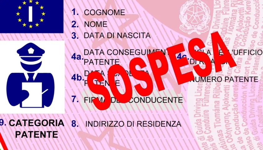 Documento di patente di guida italiana con la scritta rossa "SOSPESA". Potrebbe indicare una notifica sospensione patente dopo 90 giorni.