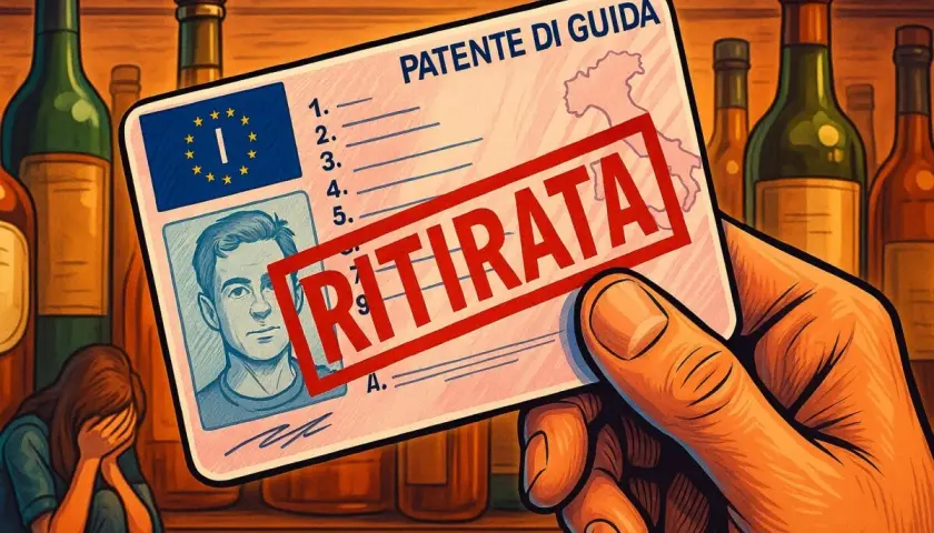 Patente di guida con timbro rosso "RITIRATA" per guida in stato di ebbrezza. Sullo sfondo bottiglie di alcolici e una persona disperata.
