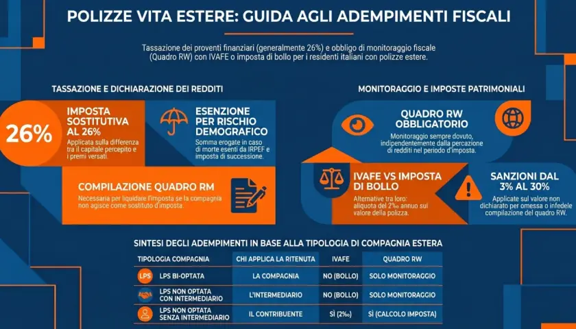 Guida fiscale per polizze vita estere: tassazione al 26%, Quadro RW obbligatorio, IVAFE vs imposta di bollo. Scopri cos'è l'IVAFE e come si applica.