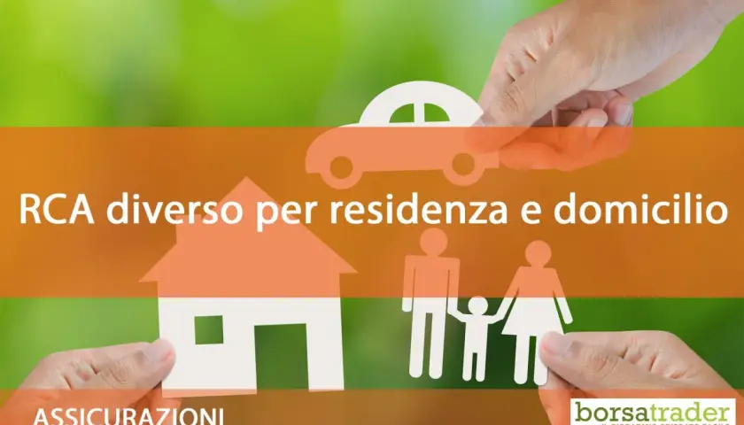 Assicurazioni: RCA diverso per residenza e domicilio, con simboli di casa, famiglia e auto.