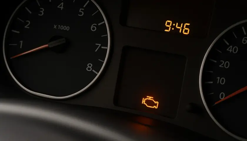 Cruscotto auto con spia motore accesa e poi spenta. L'ora è 9:46.