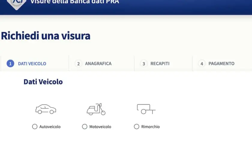 Richiesta di visura dati PRA per autoveicolo, motoveicolo o rimorchio. Il processo include dati veicolo, anagrafica, recapiti e pagamento per ottenere il certificato PRA digitale.