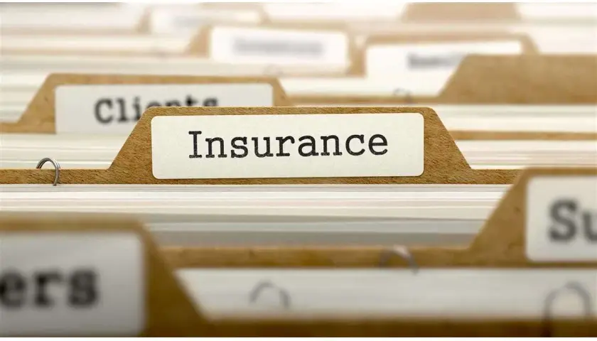 Cartella con etichetta "Insurance". Documenti organizzati per assicurazioni e franchigie, pronti per essere consultati.
