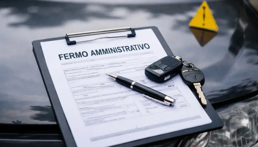 Documento "Fermo Amministrativo Auto" su un'auto, con chiavi e penna. Un segnale di pericolo giallo sullo sfondo.