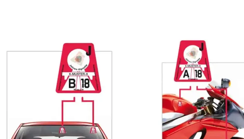Per andare a Innsbruck serve la vignetta. Due adesivi rossi, uno per auto (B 18) e uno per moto (A 18), mostrano la vignetta autostradale.