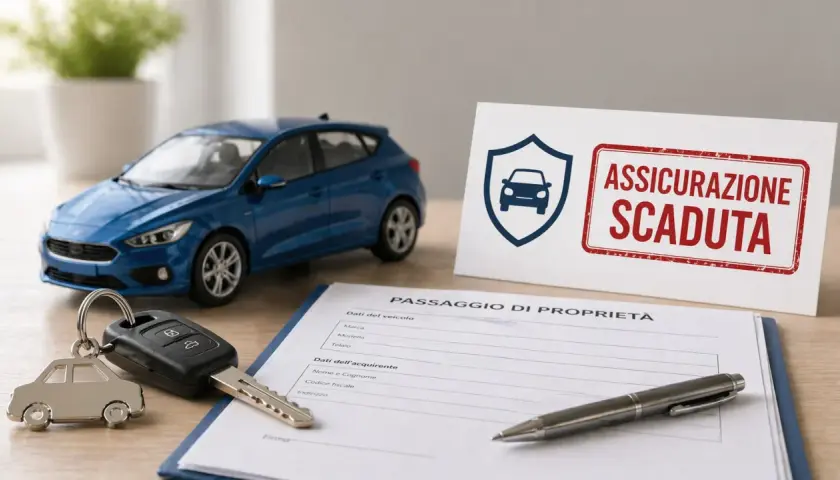 Chiavi, auto blu e modulo per il passaggio di proprietà. L'assicurazione è scaduta, ma il passaggio assicurazione senza vendita è possibile.