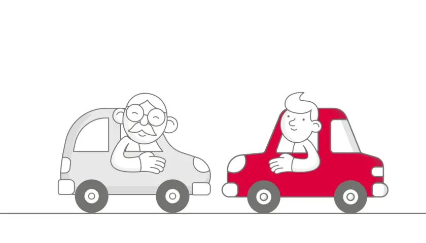 Due uomini in auto, uno anziano e uno giovane, si chiedono quante volte si può usufruire della Legge Bersani per l'assicurazione auto.
