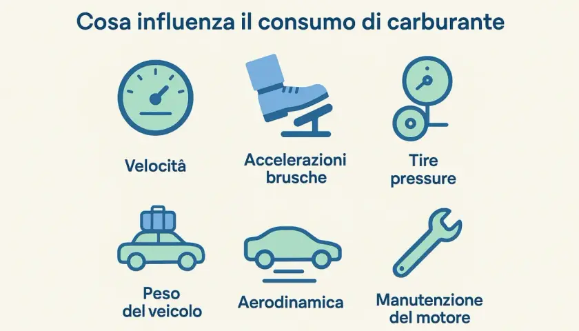 Sei fattori che influenzano il consumo di carburante: velocità, accelerazioni brusche, pressione pneumatici, peso veicolo, aerodinamica e manutenzione motore. Ottimizza questi aspetti per il risparmio carburante.
