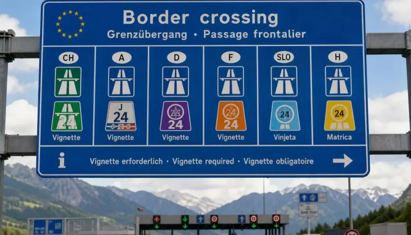 Cartello stradale indica "Border crossing" con simboli per vignetta autostradale. In Slovenia serve la vignetta, come indicato da "SLO" e "Vinjeta".