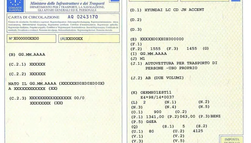 La carta di circolazione, rilasciata dal Ministero delle Infrastrutture e dei Trasporti, contiene i dati del veicolo e del proprietario.