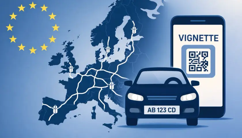 Un'auto, una mappa dell'Europa con autostrade e un telefono con QR code per la vignetta autostradale.