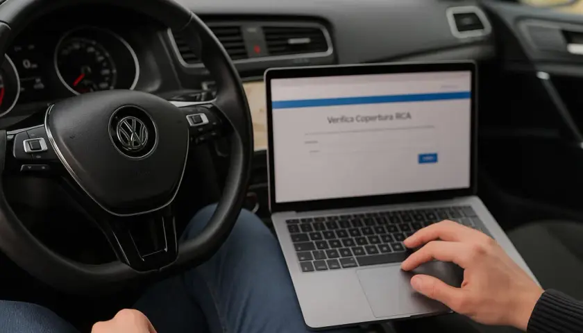 Controllo RCA tramite banca dati ANIA targhe, con laptop sul volante.