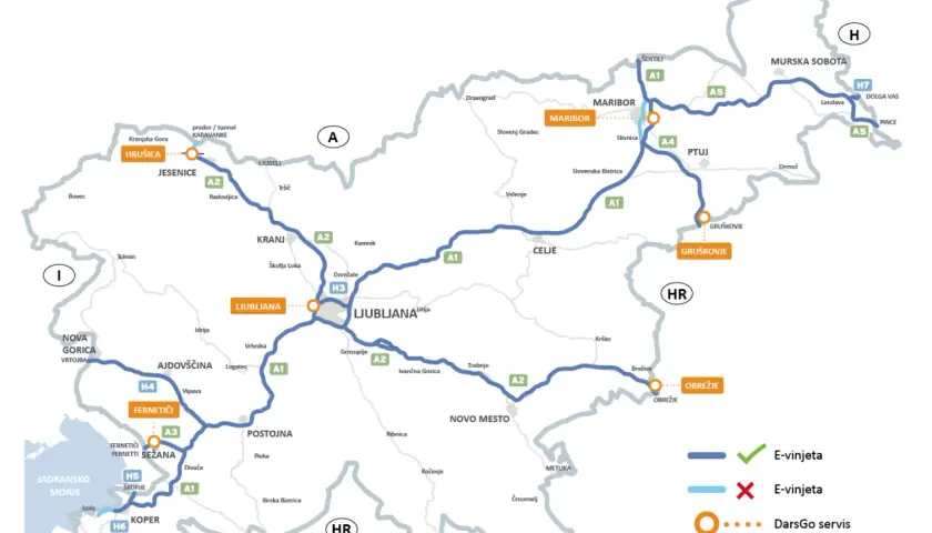 Mappa delle autostrade slovene con indicazioni per E-vinjeta e DarsGo servis.
