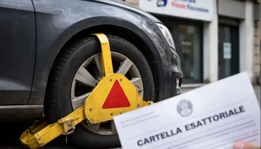 Auto bloccata con ganascia e cartella esattoriale in primo piano. Scopri i trucchi per togliere fermo amministrativo auto.