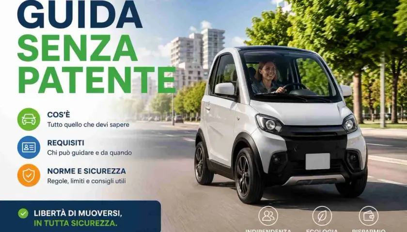 Donna sorridente guida un'auto bianca, promuovendo la libertà di movimento: guida senza patente, con requisiti e norme di sicurezza.