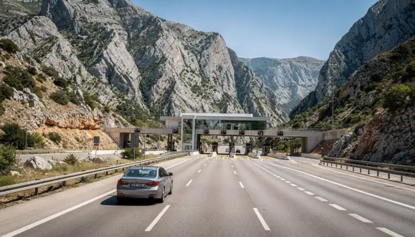 Un'auto attraversa un casello autostradale tra montagne rocciose. Calcolare quanto costa andare in Croazia in macchina è fondamentale per pianificare il viaggio.