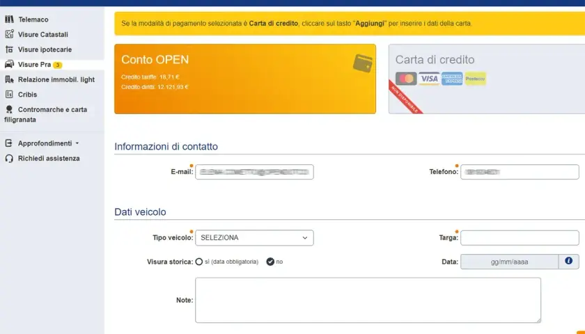 Schermata per richiedere visure PRA. Inserisci dati veicolo, contatti e scegli la modalità di pagamento, es. **duc auto**.