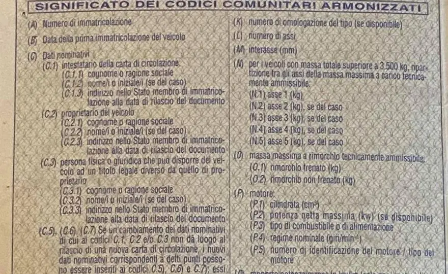 Legenda della carta di circolazione - guida alle sigle