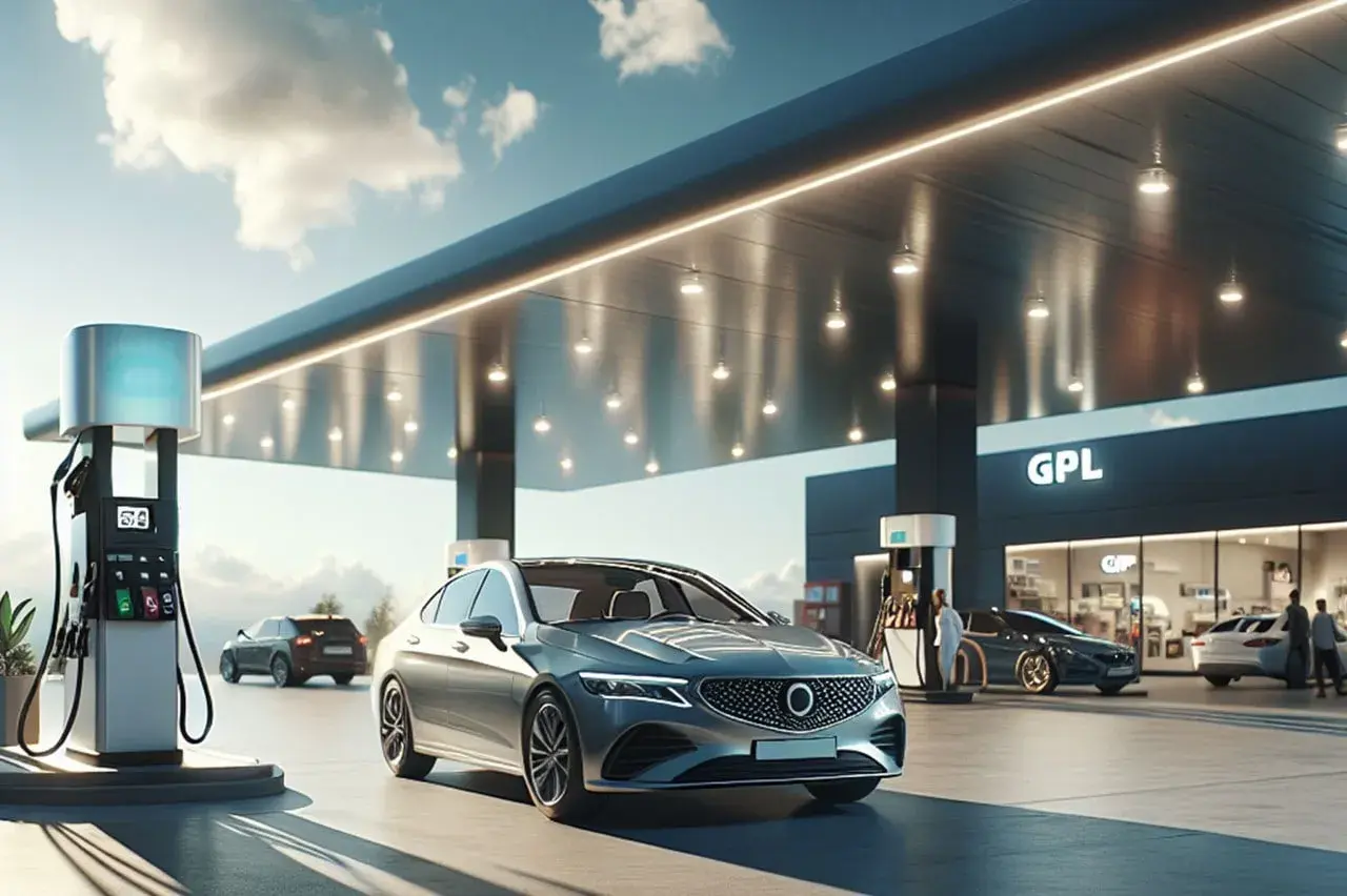 Auto moderna in attesa di rifornimento benzina GPL. Stazione di servizio moderna con illuminazione soffusa.