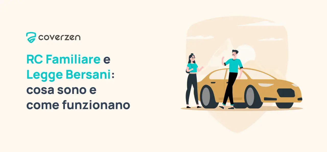 Coppia vicino a un'auto gialla, con testo che spiega RC Familiare e la legge Bersani, ancora in vigore, e come funziona.