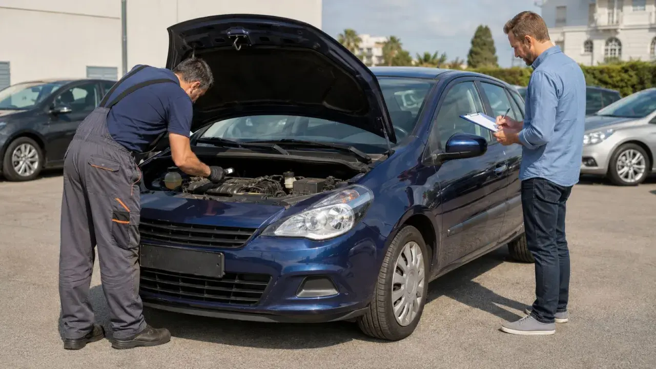 Meccanico controlla il motore di un'auto blu con cofano aperto. Cliente annota su un blocco note, forse per i gravami auto.