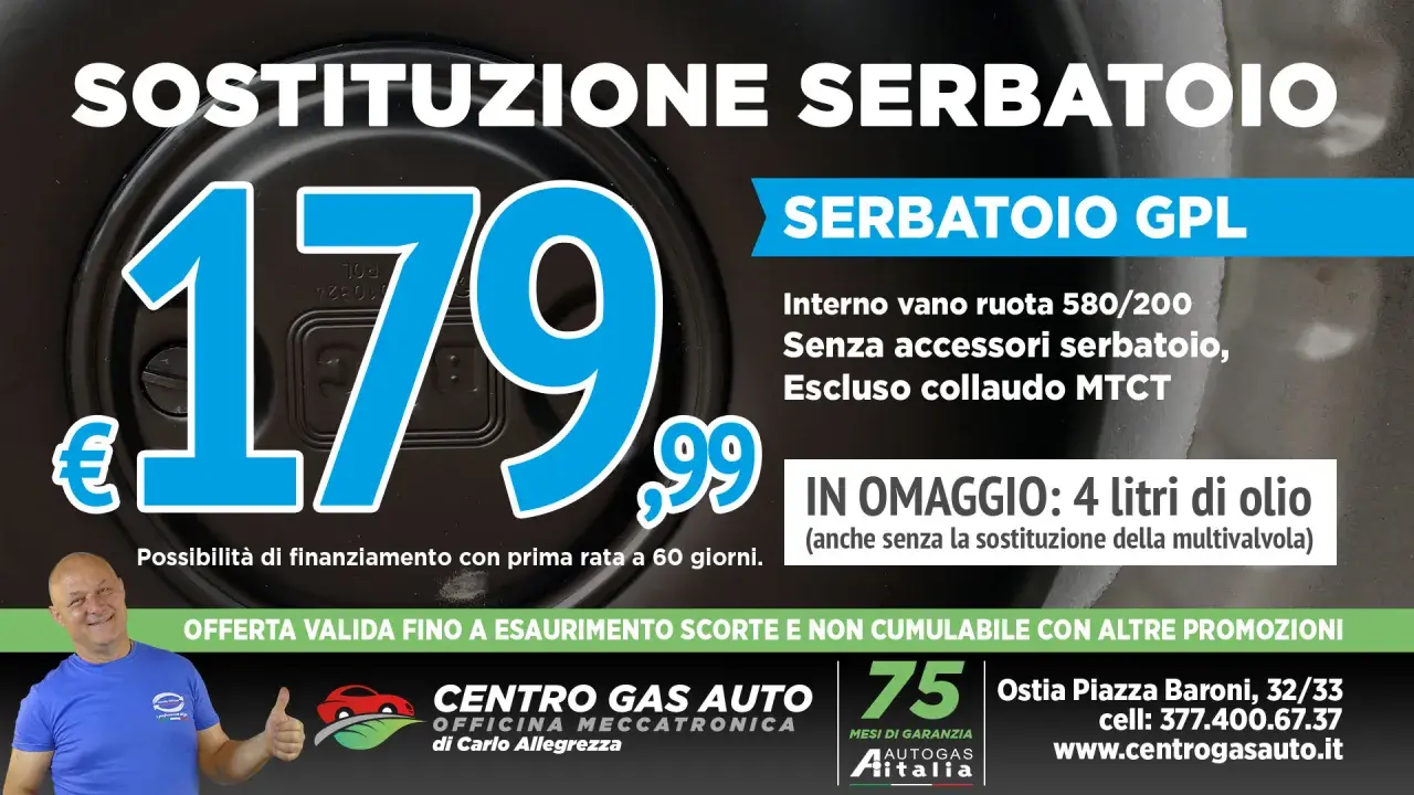 Offerta sostituzione serbatoio GPL auto a 179,99€. Non preoccuparti della scadenza bombola gpl auto, rinnova ora! In omaggio 4 litri d'olio.