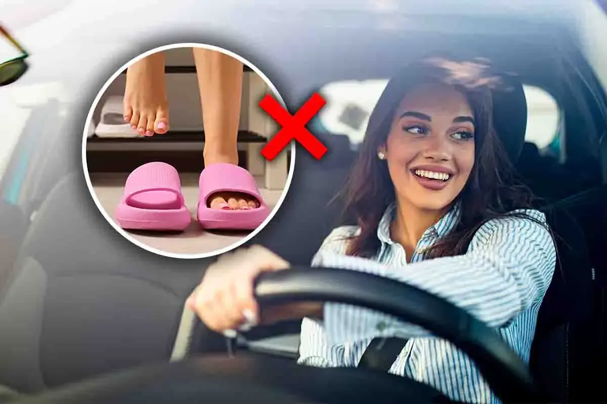 Attenzione a guidare in ciabatte! Un cerchio mostra piedi con ciabatte rosa, barrato da una croce rossa. A destra, una donna sorride al volante.