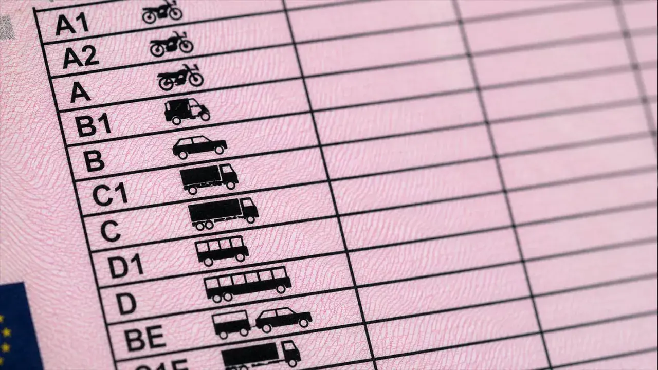 Dettaglio di una patente di guida europea che mostra le diverse categorie di veicoli autorizzati, dalle moto ai camion, per coprire tutte le patenti di guida.