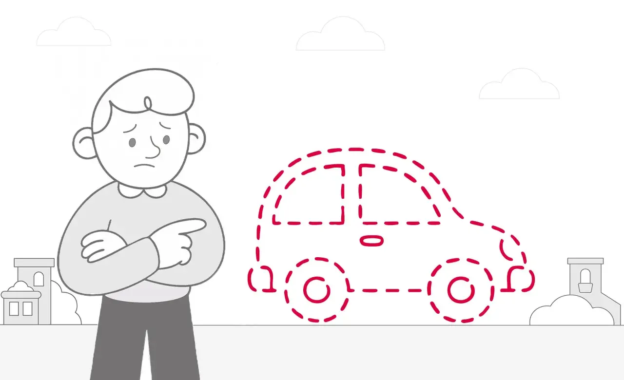 Uomo triste indica un'auto tratteggiata, forse per un ritiro patente.