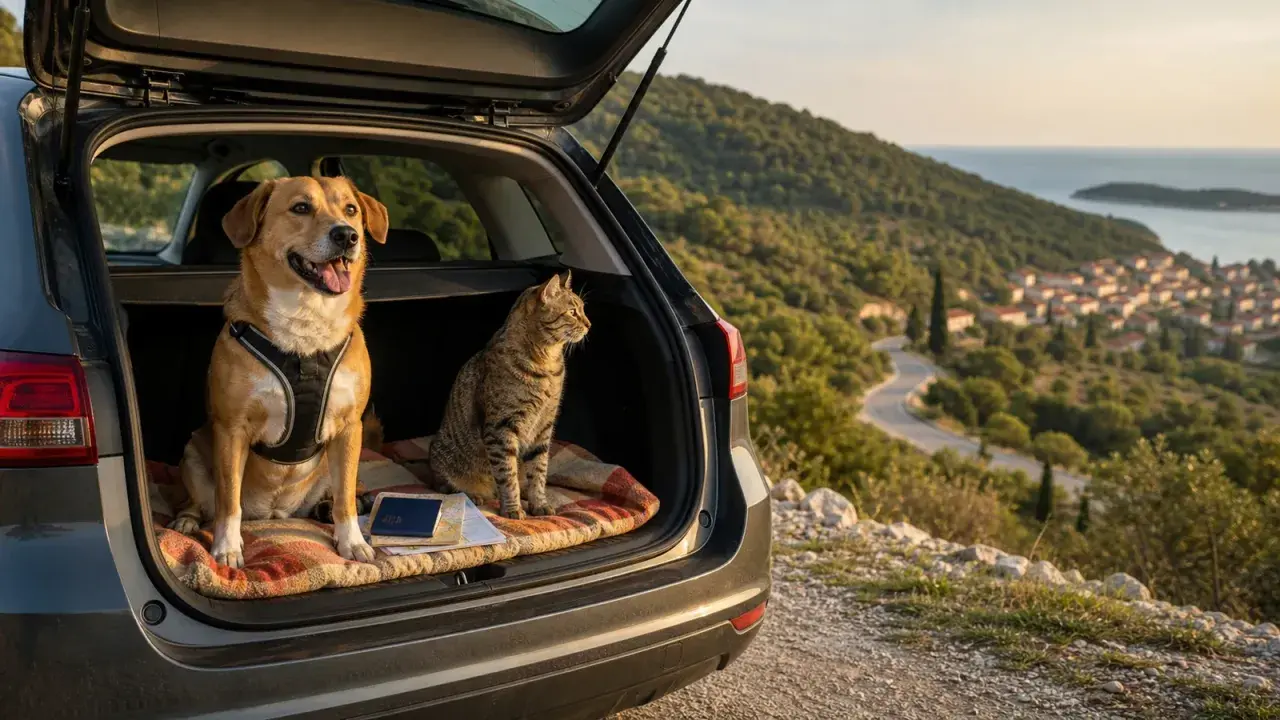 Cane e gatto in auto, pronti per il viaggio. Per andare in Croazia serve la vignetta slovena, ma loro sono già in vacanza!