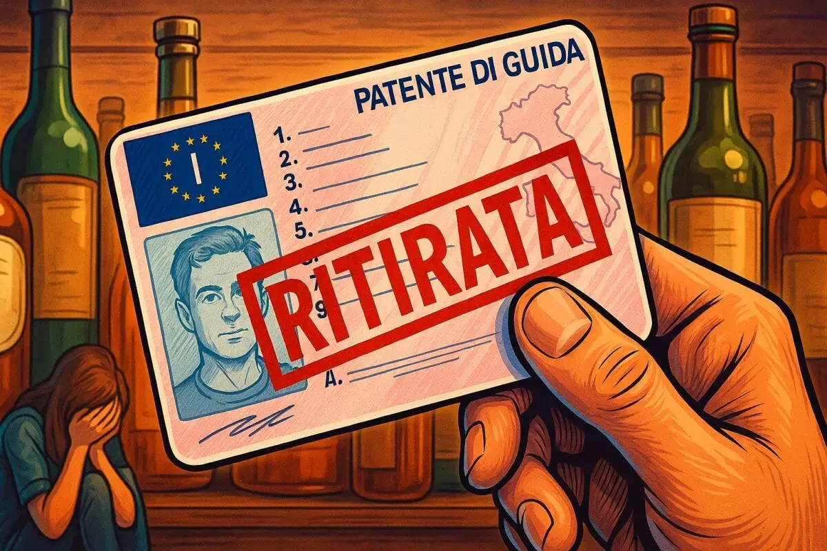 Patente di guida con timbro rosso "RITIRATA" per guida in stato di ebbrezza. Sullo sfondo bottiglie di alcolici e una persona disperata.