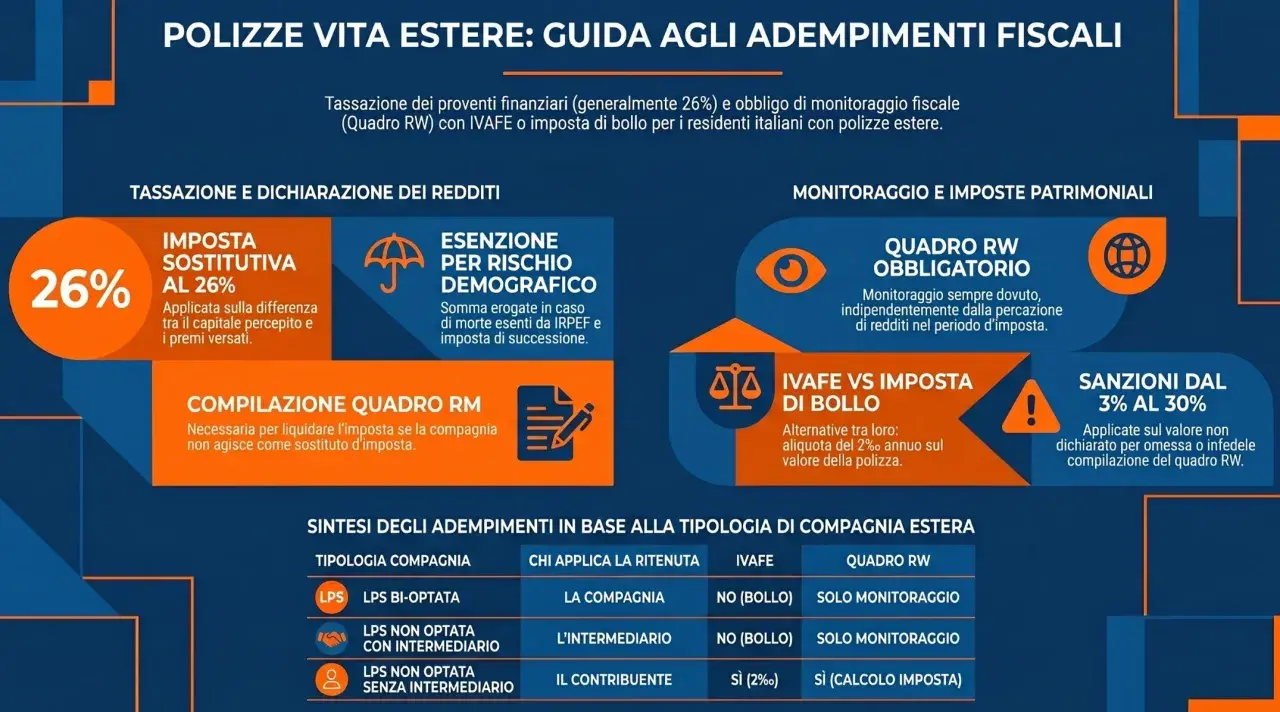 Guida fiscale per polizze vita estere: tassazione al 26%, Quadro RW obbligatorio, IVAFE vs imposta di bollo. Scopri cos'è l'IVAFE e come si applica.