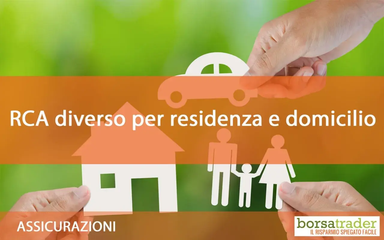 Assicurazioni: RCA diverso per residenza e domicilio, con simboli di casa, famiglia e auto.