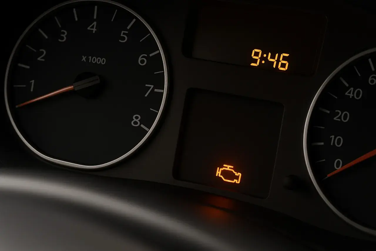 Cruscotto auto con spia motore accesa e poi spenta. L'ora è 9:46.