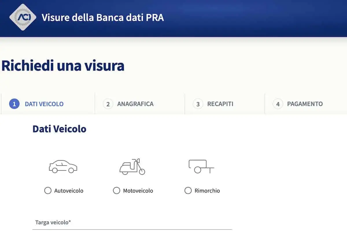 Richiesta di visura dati PRA per autoveicolo, motoveicolo o rimorchio. Il processo include dati veicolo, anagrafica, recapiti e pagamento per ottenere il certificato PRA digitale.