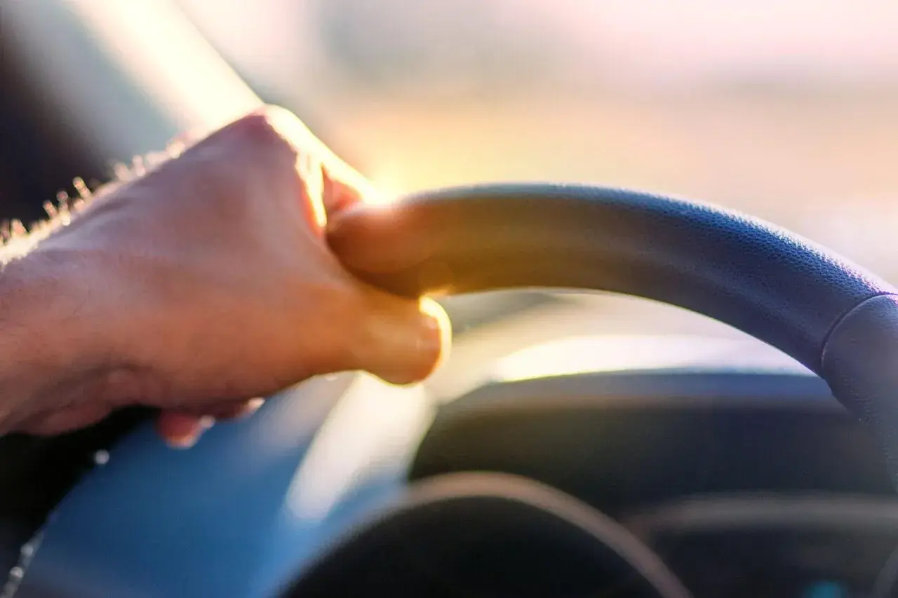 Mano sul volante, luce dorata. Per una visura targa immediata, basta un click.