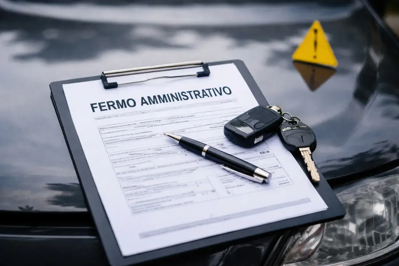 Documento "Fermo Amministrativo Auto" su un'auto, con chiavi e penna. Un segnale di pericolo giallo sullo sfondo.