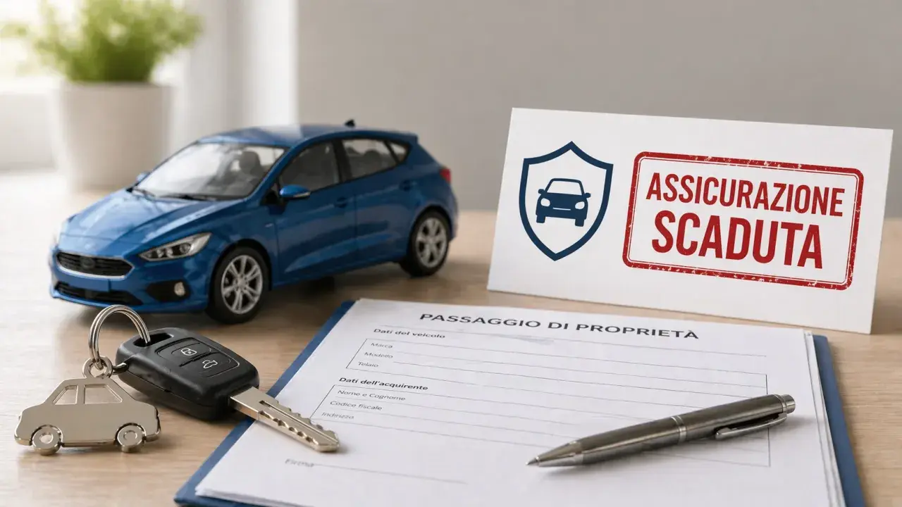 Chiavi, auto blu e modulo per il passaggio di proprietà. L'assicurazione è scaduta, ma il passaggio assicurazione senza vendita è possibile.