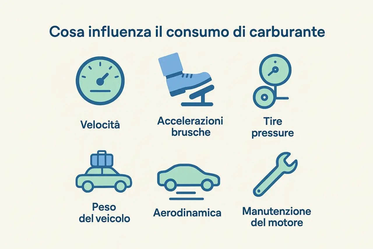 Sei fattori che influenzano il consumo di carburante: velocità, accelerazioni brusche, pressione pneumatici, peso veicolo, aerodinamica e manutenzione motore. Ottimizza questi aspetti per il risparmio carburante.