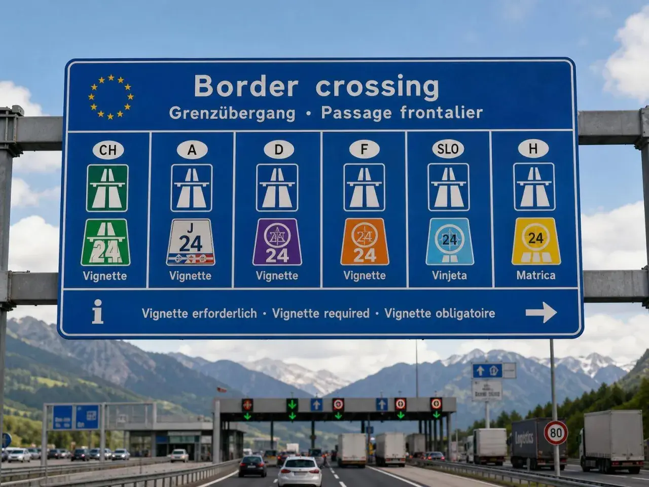 Cartello stradale indica "Border crossing" con simboli per vignetta autostradale. In Slovenia serve la vignetta, come indicato da "SLO" e "Vinjeta".