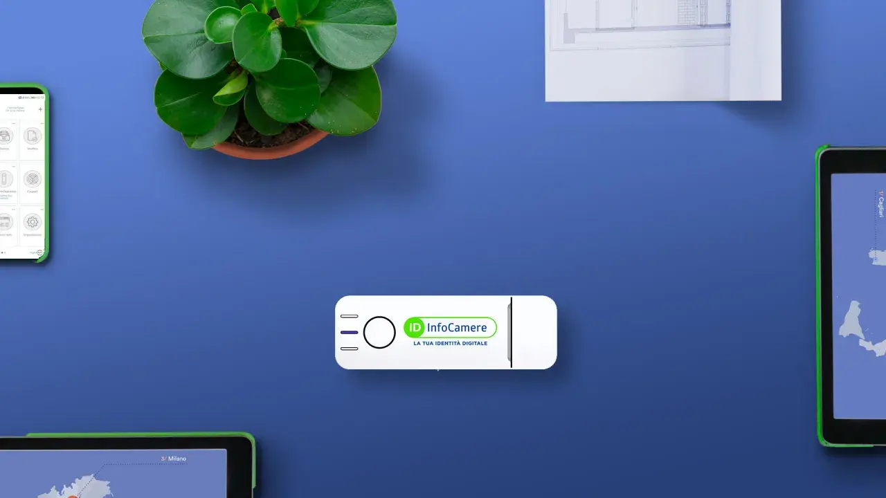 Chiavetta USB InfoCamere, la tua identità digitale, con smartphone e tablet che mostrano mappe e servizi. Un foglio pra digitale per la tua identità.